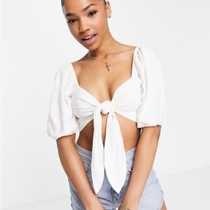 NWT Abercrombie & Fitch Linen Blend Tire front Bubble Sleeve white Crop Medium